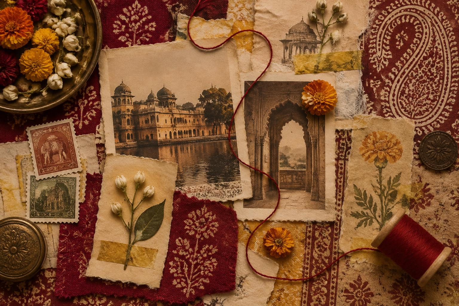 Vintage Indian scrapbook with red thread, marigolds and old photographs